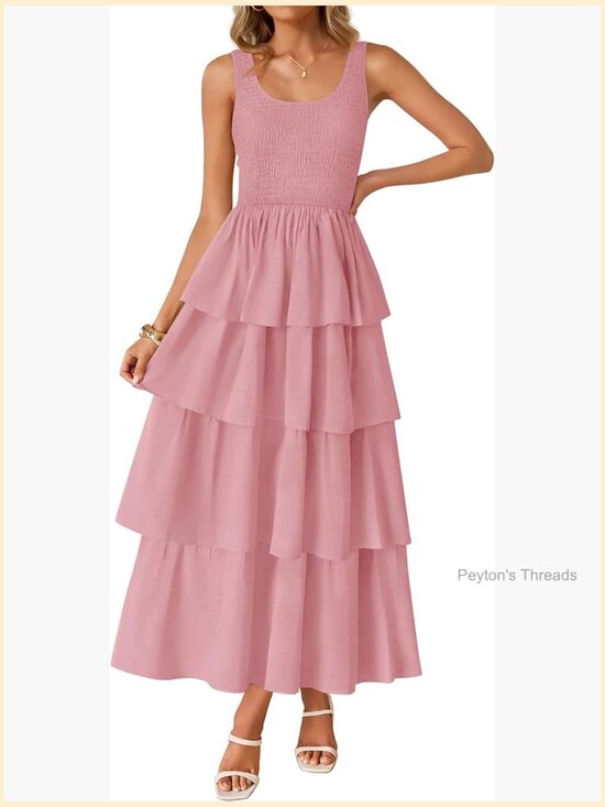 Dresses & Skirts - Sleeveless Midi Dress Scoop Neck Ruffle Tiered Swing Beach Vacation Dress